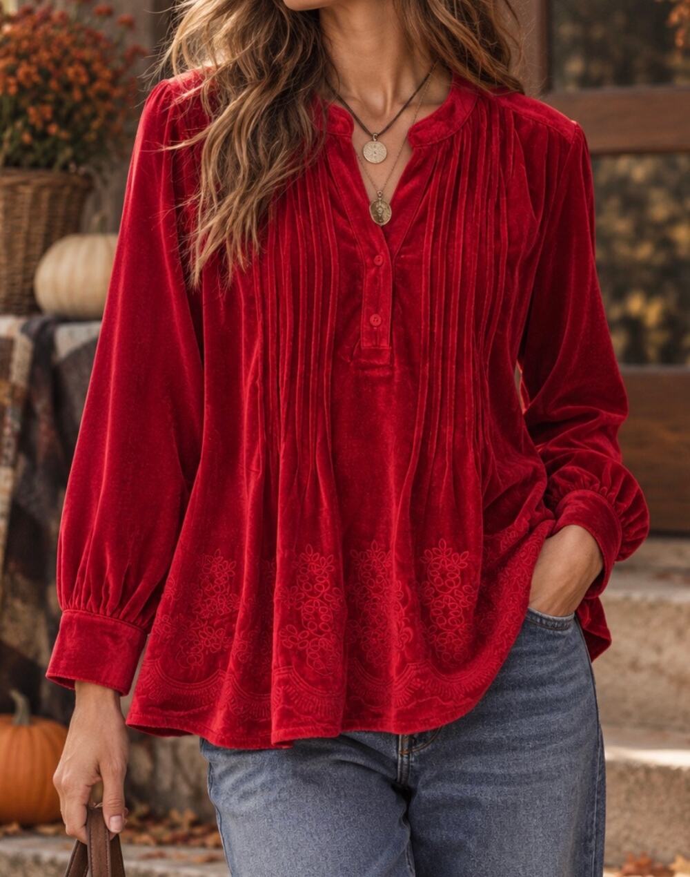 Salon Studio Red Velvet Embroidered Tunic Top Boho Romantic M